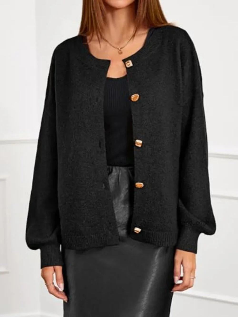 Oversized Cropped Cardigan Sweater Women Open Front Gold Button Knit
